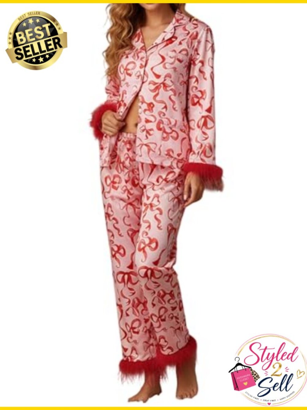 Womens Satin Pajama Set Feather Trim Heart Print 2 Piece Sleepwear